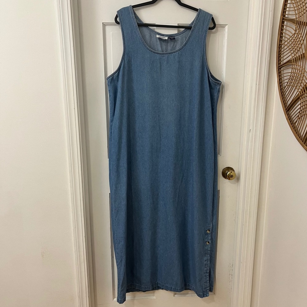 VTG Denim Maxi Dress Jumper 18W Teacher Modest 90s Button Side Slit